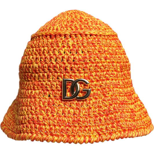 Dolce & Gabbana orange cotton crochet bucket hat with DG logo, made in Italy.