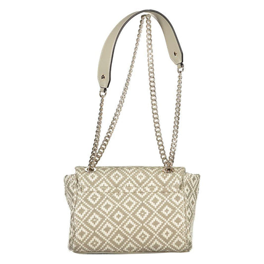 Guess Jeans gray polyethylene handbag with chain shoulder strap, patterned design, and protective feet for women.