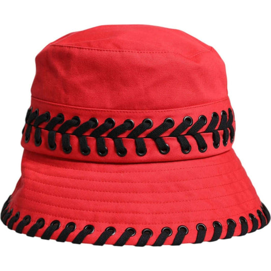 Dolce & Gabbana red lace polyester wide brim bucket hat with black trim, made in Italy, women's fashion accessory.