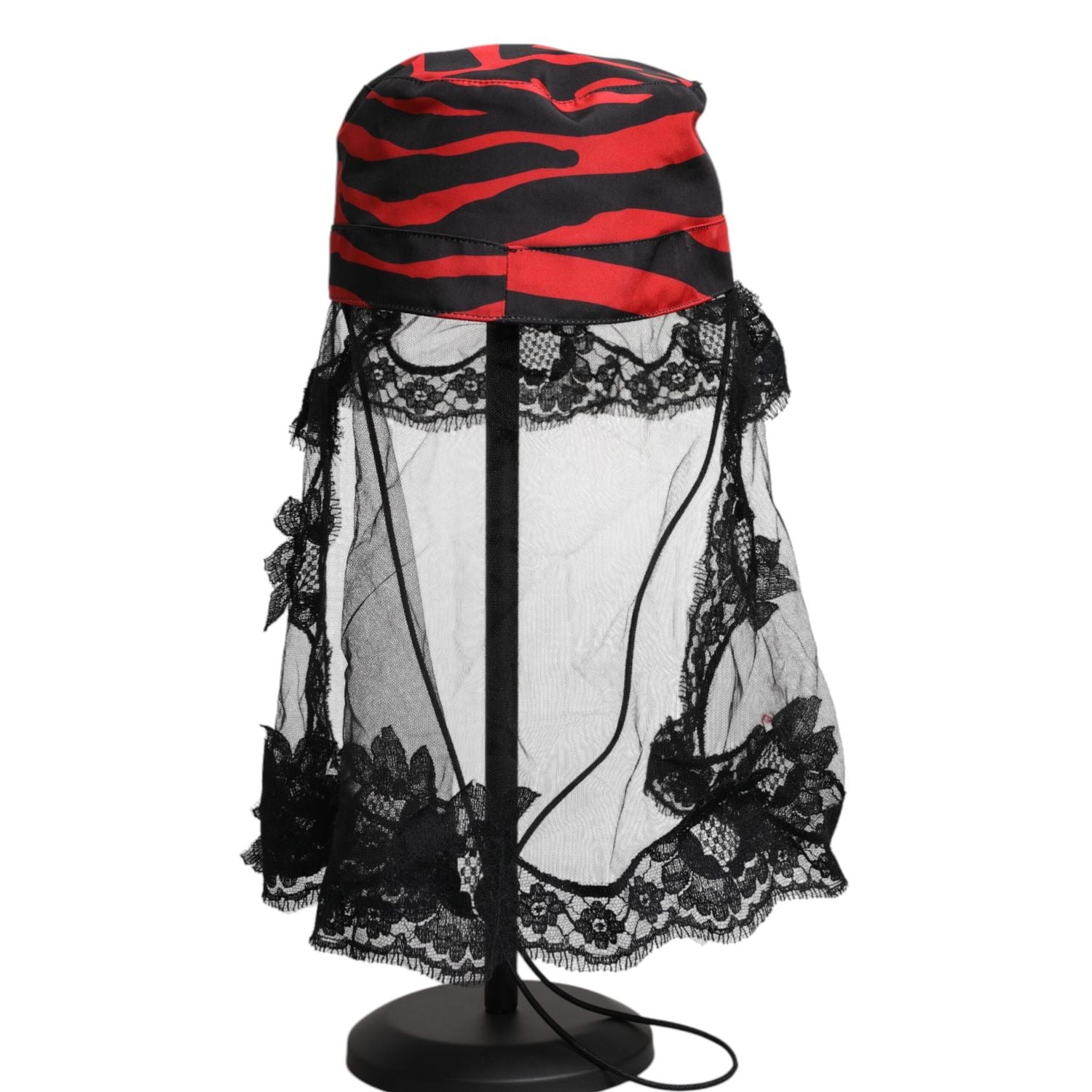 Dolce & Gabbana Black Red Stripes Lace Tulle Bucket Hat