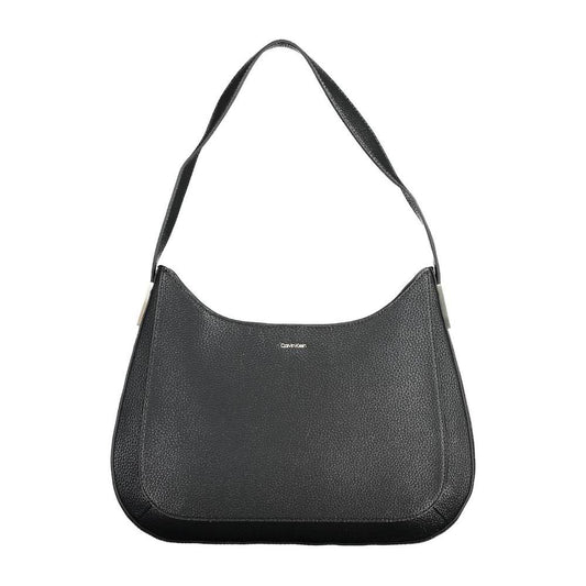 Calvin Klein black polyester women's handbag with shoulder strap, sleek contemporary design, and logo detailing.