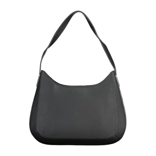 Calvin Klein black polyester women's handbag with shoulder strap, featuring bold contrasting details and logo for contemporary chic style.