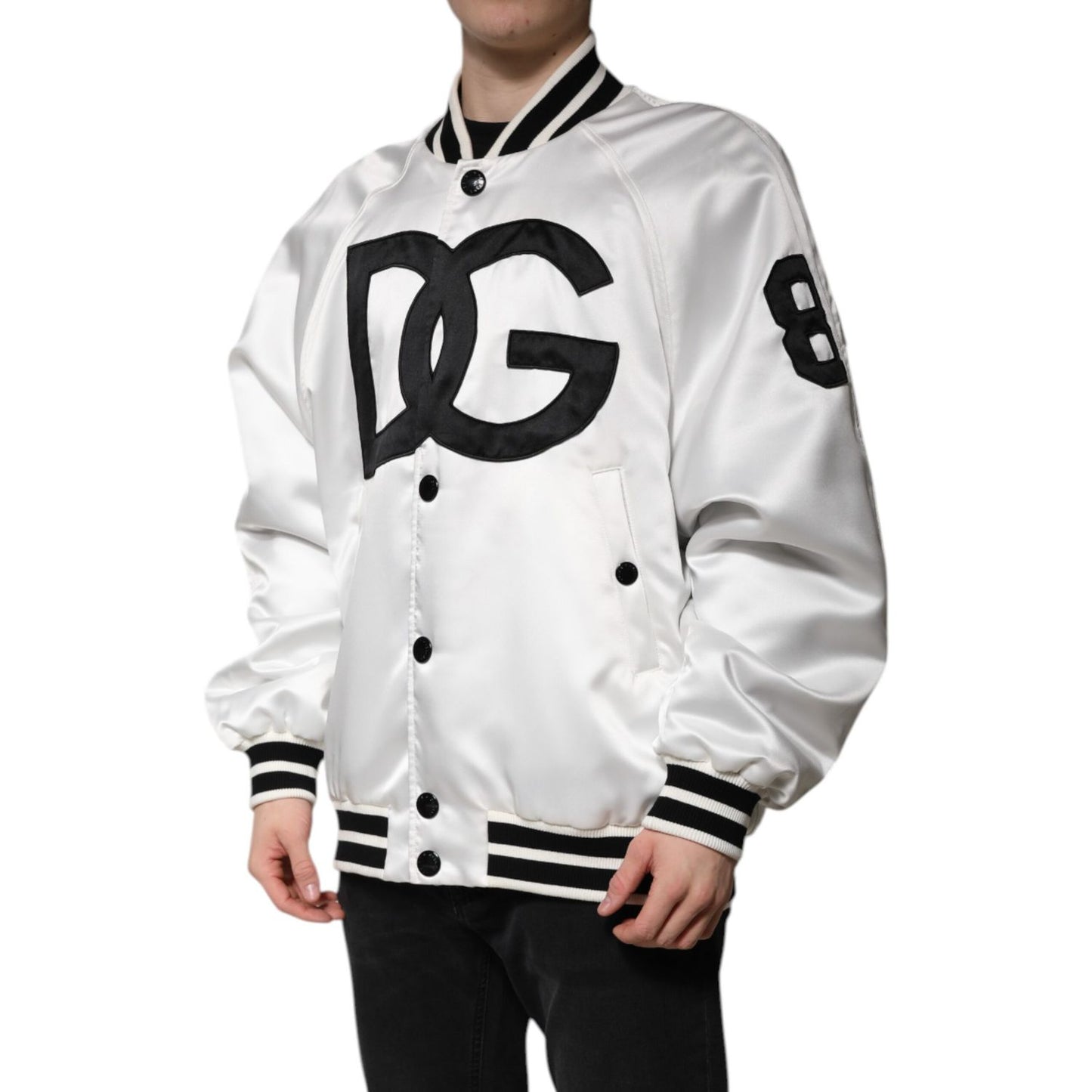 Dolce & Gabbana White DG Logo Polyester Jersey Bomber Jacket