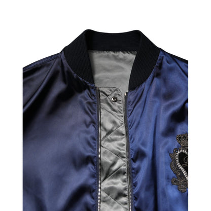 Dolce & Gabbana Blue Nylon DG Crown Full Zip Bomber Jacket