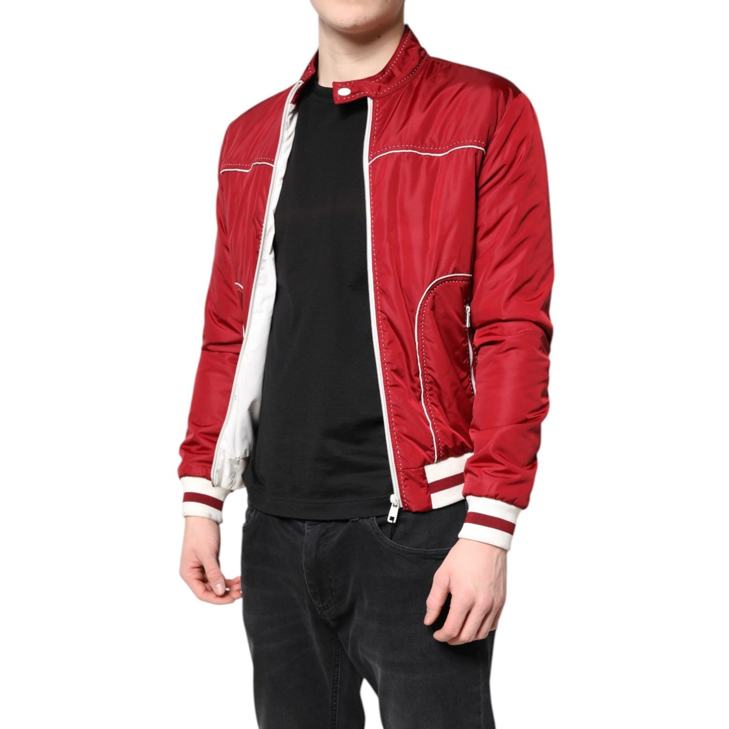 Dolce & Gabbana Red White Nylon Full Zip Men Bomber Jacket