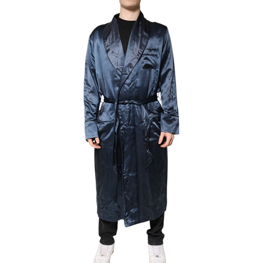 Dolce & Gabbana Blue Solid Silk Men Wrap Robe Coat Jacket
