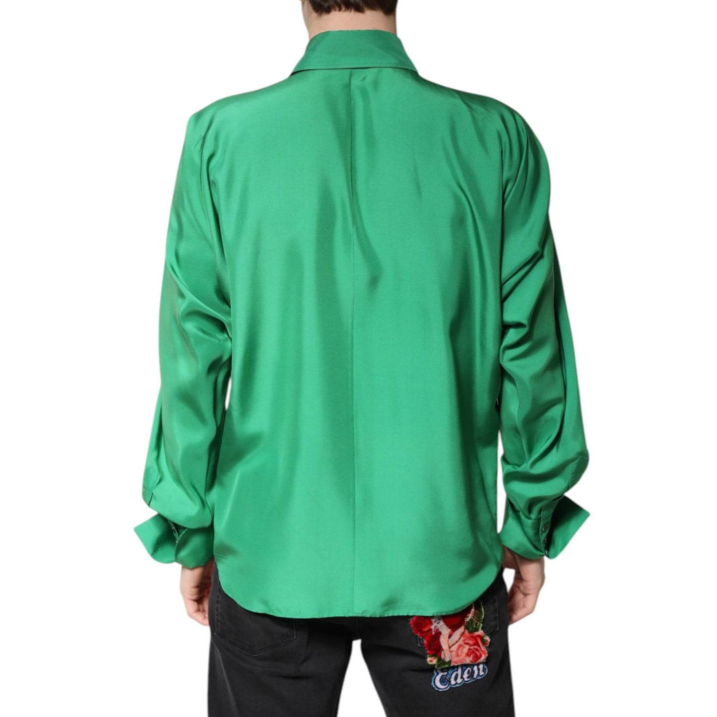 Dolce & Gabbana Green Silk Satin Long Sleeves Casual Shirt