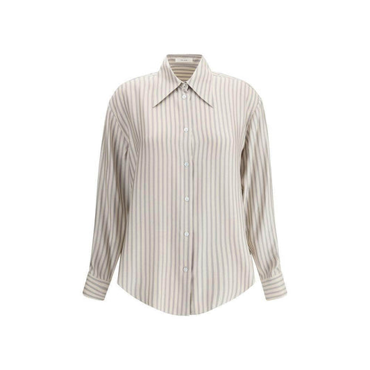 The Row Parave silk shirt with striped pattern, classic collar, and front button closure showcasing minimalist sophistication.