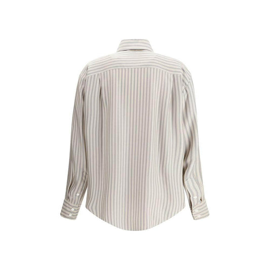 The Row Parave silk shirt with striped pattern, classic collar, adjustable cuffs, and button closure shown from the back.