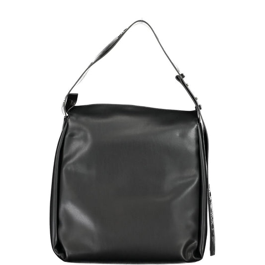 Calvin Klein black polyester handbag with adjustable shoulder handle, internal pocket, zip closure, and logo, made of recycled materials.
