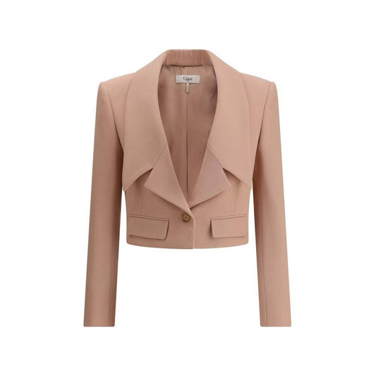 Chloé wool gabardine cropped blazer with oversized lapels, mini flap pockets, and engraved horn buttons in a modern, elegant design.