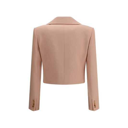 Back view of Chloé wool gabardine cropped blazer with oversized lapels and engraved horn buttons, showcasing modern elegance.