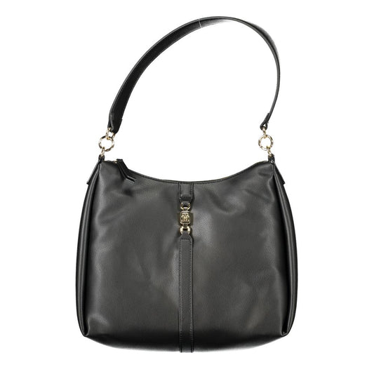 Tommy Hilfiger black polyester handbag with shoulder handle, internal pocket, contrast details, and zip closure; eco-friendly design.