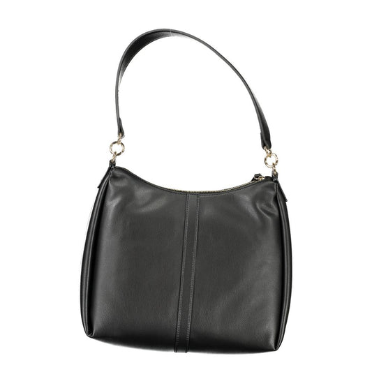 Tommy Hilfiger black polyester handbag with shoulder handle, zipper closure, contrast details, internal pocket, and logo.