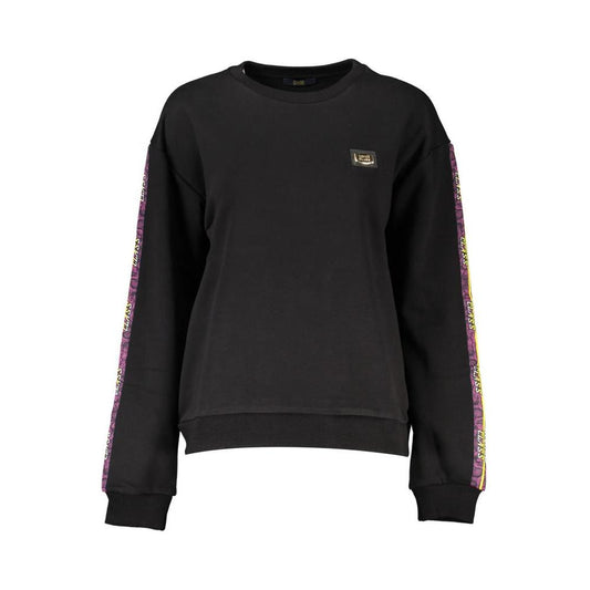 Cavalli Class black cotton women's sweater with colorful stripe sleeves and logo, featuring a round-neck design and brushed texture.