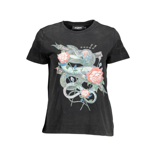 Desigual black cotton women's top with vibrant prints and Desigual logo, crafted from soft cotton for chic, comfortable style.