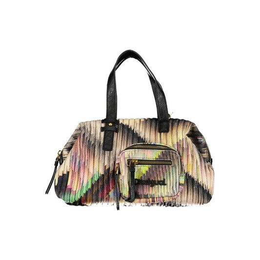 Desigual black polyester handbag with zip closure, two handles, adjustable strap, and contrasting design and logo.