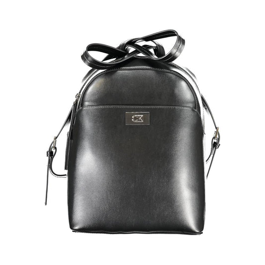Calvin Klein black polyester backpack with one handle, adjustable straps, external and internal pockets, and zip closure.