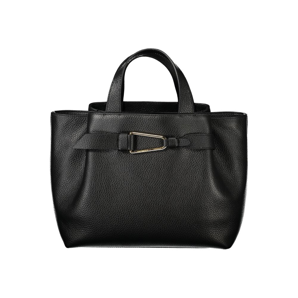 Coccinelle Black Leather Women Handbag with structured silhouette and gold buckle detail.