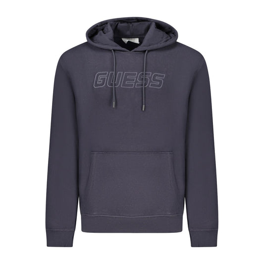 Guess Jeans Blue Cotton Men Sweater with hood and front pocket, showcasing the Guess logo, perfect for casual streetwear style.