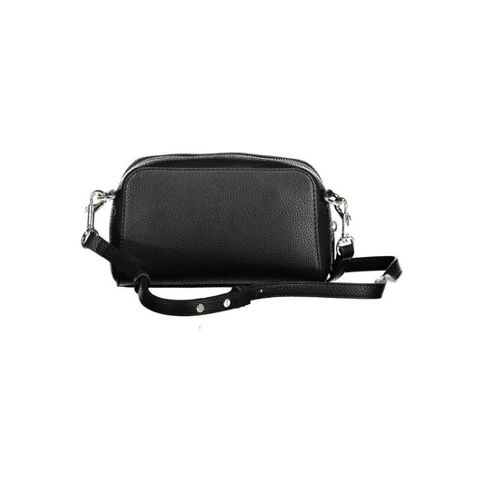 Tommy Hilfiger black polyethylene handbag with adjustable strap, removable shoulder bag, zip closure, and logo design.