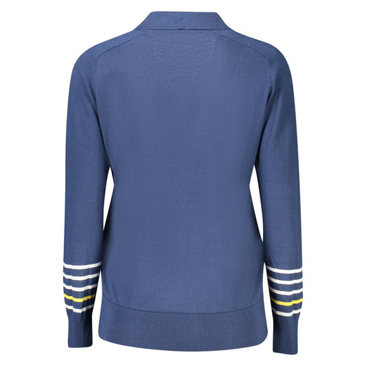 Back view of North Sails blue cotton women's sweater with long sleeves and striped cuffs, highlighting elegant and casual fashion.