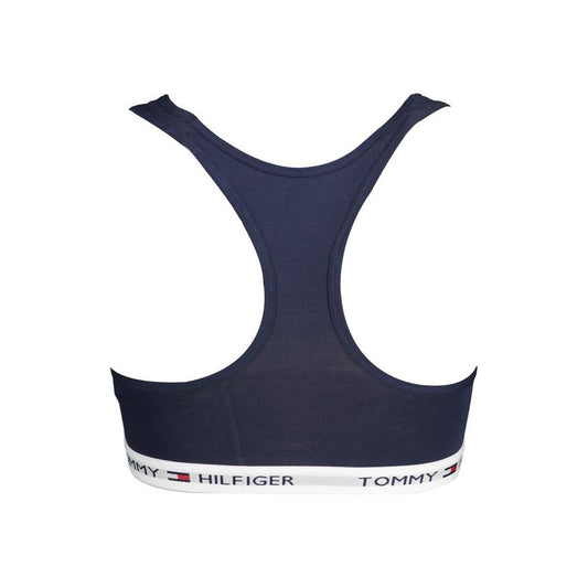 Tommy Hilfiger blue cotton sports bra, elastic band, contrast details, logo design visible.