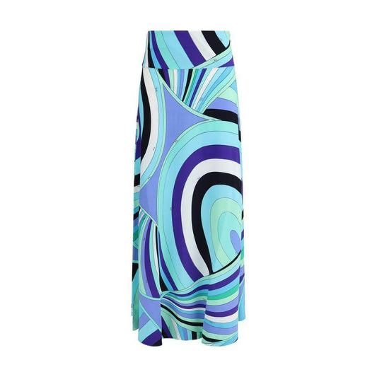 Emilio Pucci Iride print long skirt with fitted waist and vibrant blue patterns, elegant and versatile design.