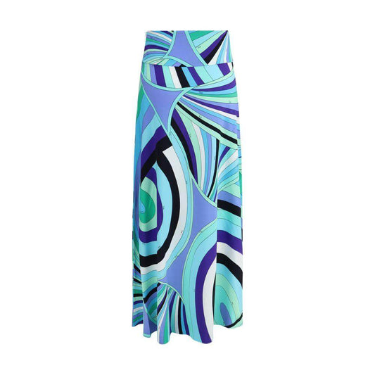 Emilio Pucci Iride print long skirt with vibrant blue and green patterns, featuring a fitted waist and flowing design.