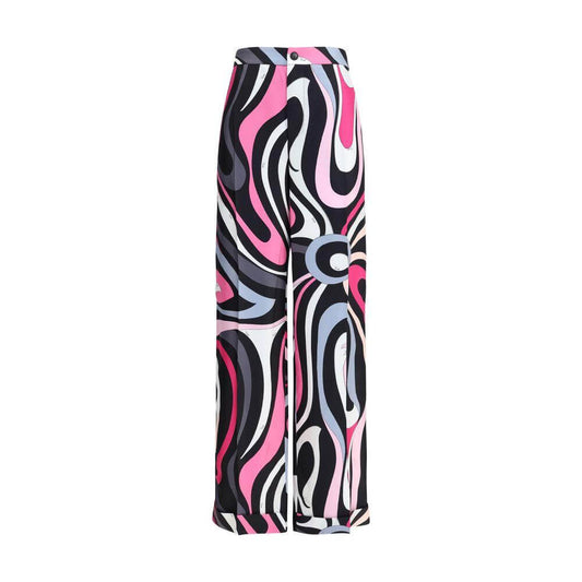 Emilio Pucci marble print silk pants with high waist, straight leg, vibrant colors, and embossed piping details.