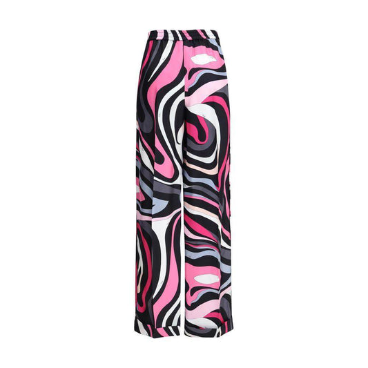 Emilio Pucci Marble print silk pants with vibrant pink, black, and white swirling pattern, featuring high waist and straight leg.