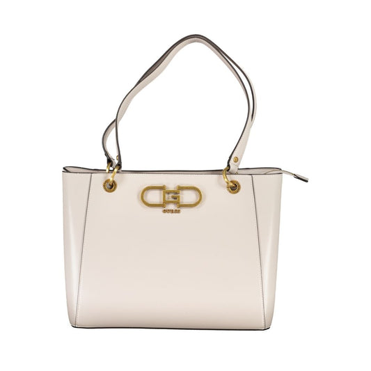 Gray Guess Jeans polyethylene handbag with gold-tone logo, dual handles, and multiple compartments for modern women.