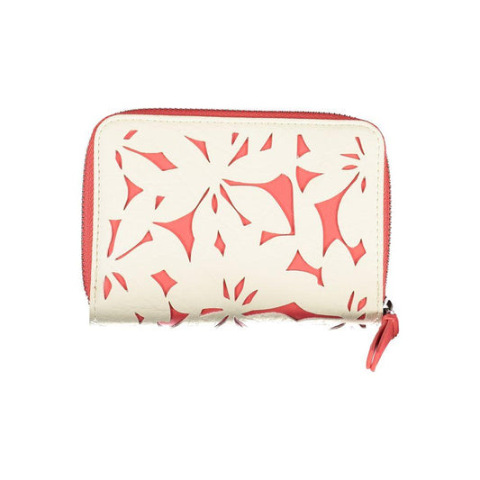 Desigual white polyethylene wallet with 4 compartments, contrasting details, zip closure, coin purse, and logo.