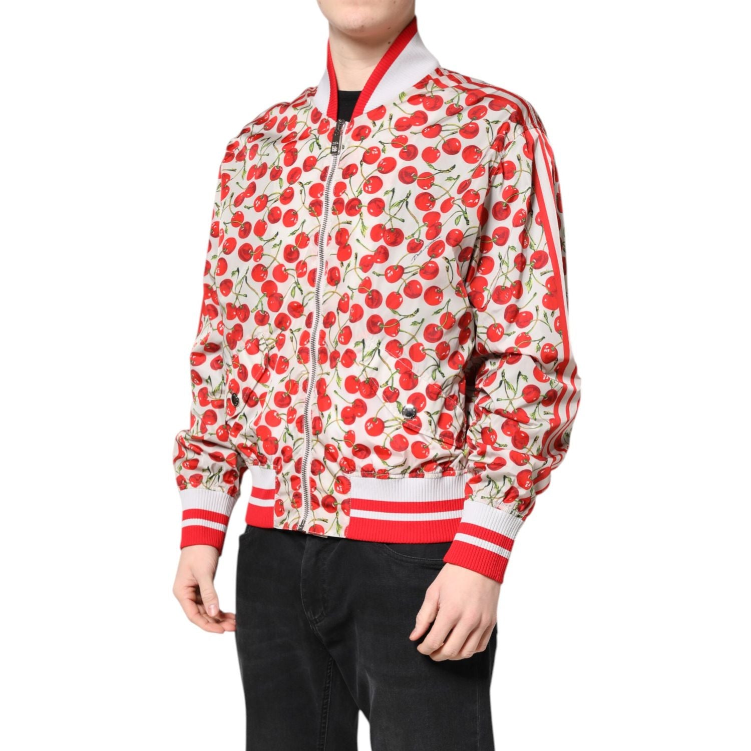 Dolce & Gabbana White Cherry Print Full Zip Bomber Jacket