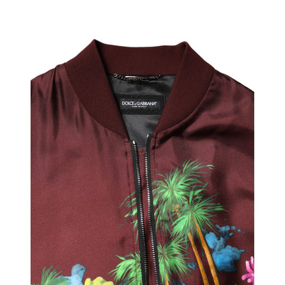 Dolce & Gabbana Maroon Floral Print Full Zip Bomber Jacket