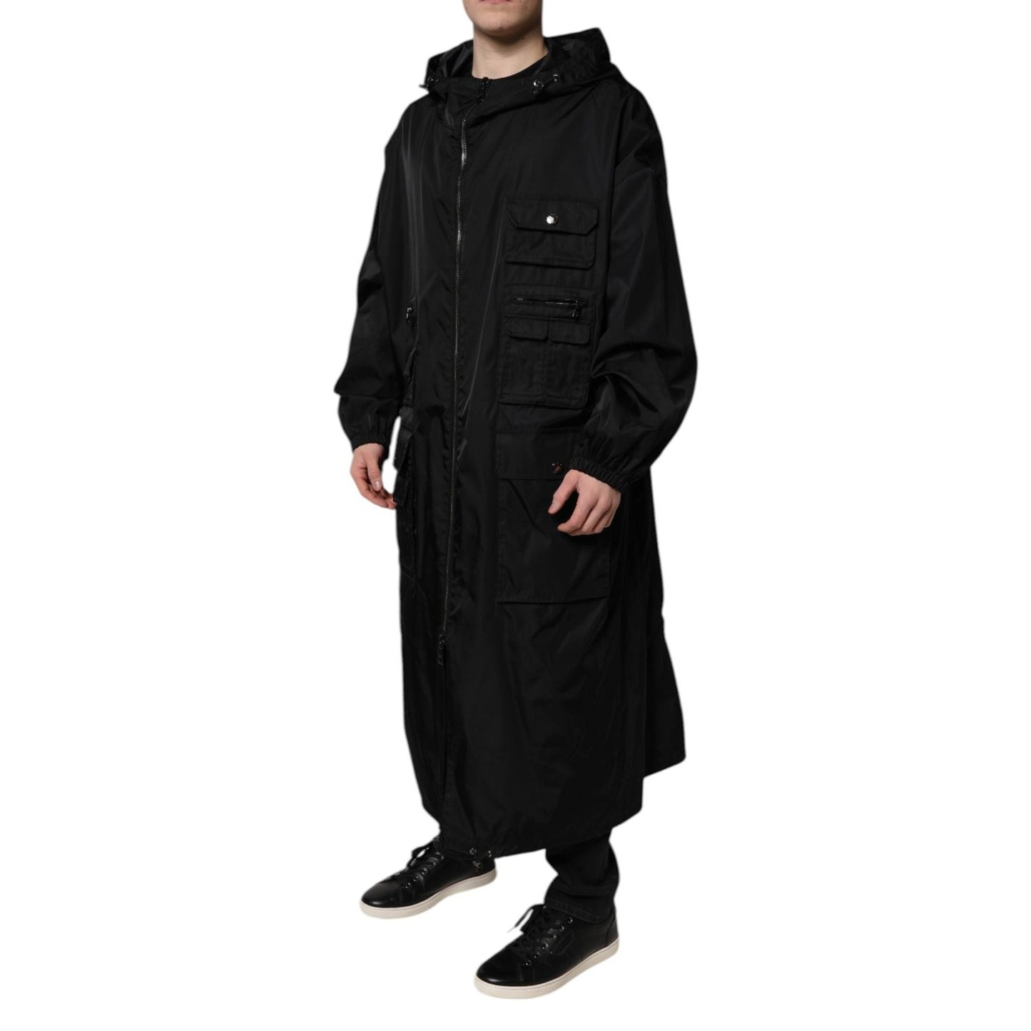 Dolce & Gabbana Black Hooded Long Men Windbreaker Jacket JKT41424-58
