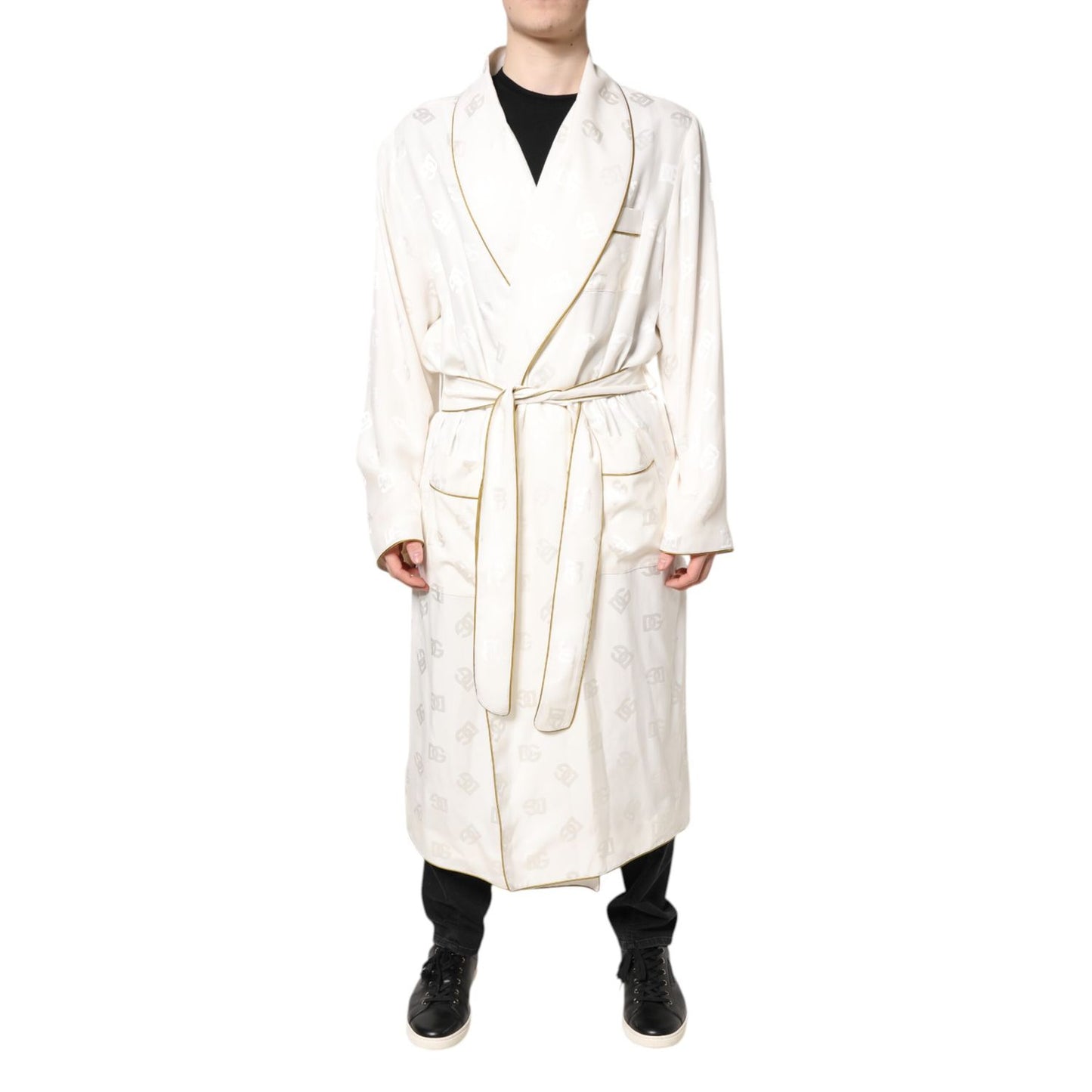 Dolce & Gabbana Ivory Silk Logo Men Wrap Robe Coat Jacket