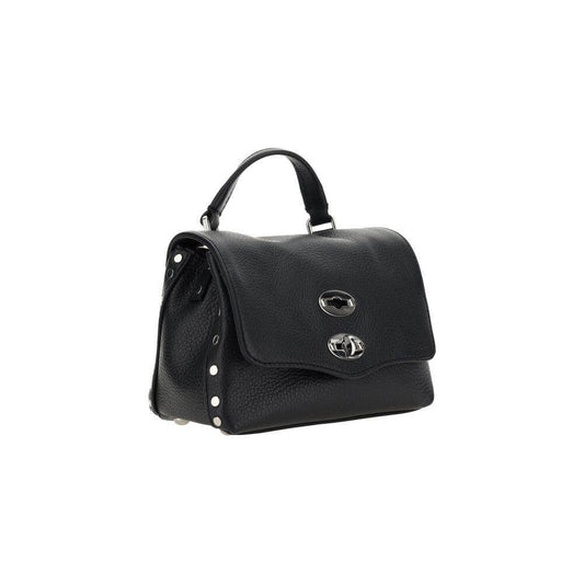 Zanellato Postina Daily Shoulder Bag in black grained calfskin with hook closure, metal studs, and adjustable strap.