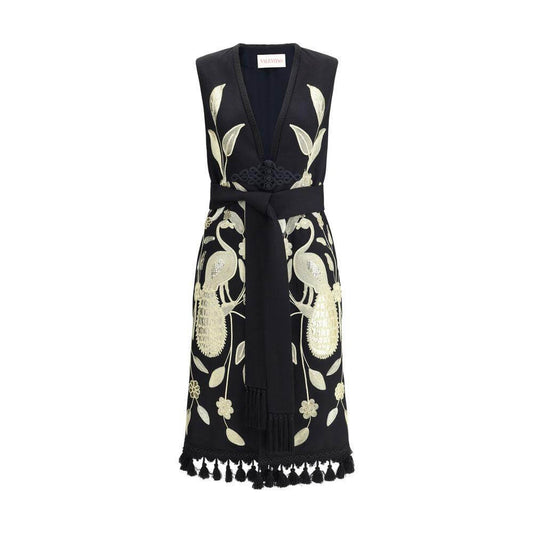 Valentino embroidered long vest with gold nature-inspired embroidery, tassel appliqués, and built-in fringed scarf for elegant style.
