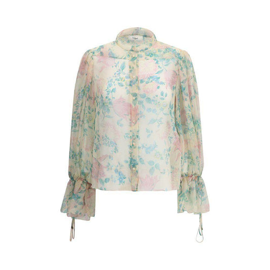 Chloé sheer blouse in silk muslin with peony print, featuring a mandarin collar and gathered cuffs with laces and metal ends.