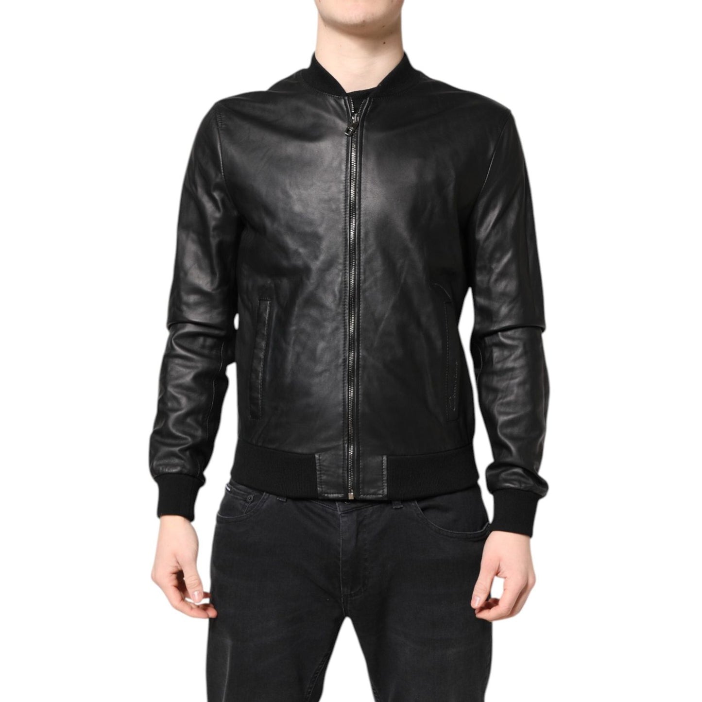 Dolce & Gabbana Black Lambskin Leather Full Zip Biker Jacket JKT41435-48