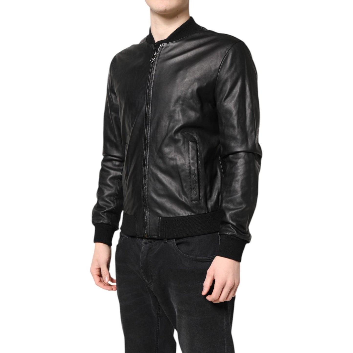 Dolce & Gabbana Black Lambskin Leather Full Zip Biker Jacket JKT41435-48