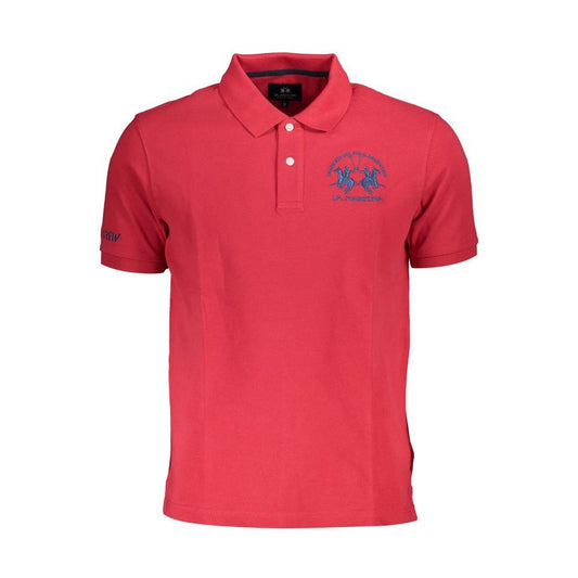 La Martina red cotton polo shirt for men with short sleeves and embroidered logo, featuring a two-button placket. Sophisticated style.