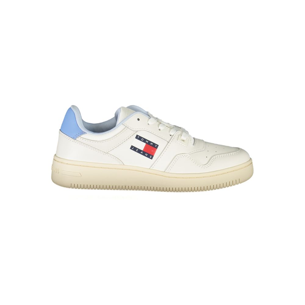 Tommy Hilfiger White Leather Women Sneaker with logo and blue detailing on heel, side view of stylish footwear for sporty-chic look.