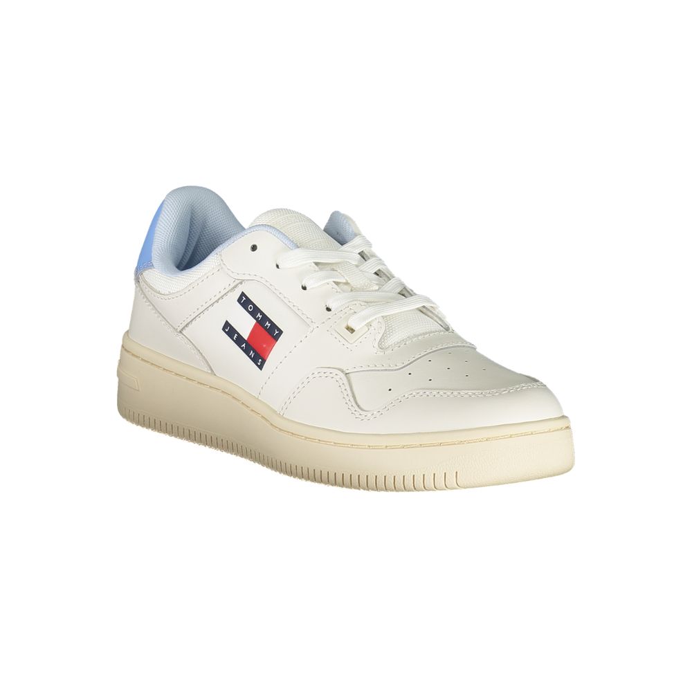 Tommy Hilfiger White Leather Women Sneaker with logo and contrasting details for sporty-chic style and comfort.