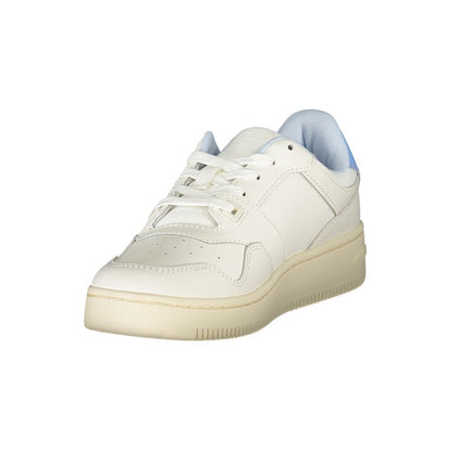 Tommy Hilfiger White Leather Women Sneaker with sleek design and removable footbed, showcasing style and comfort for a sporty-chic look.