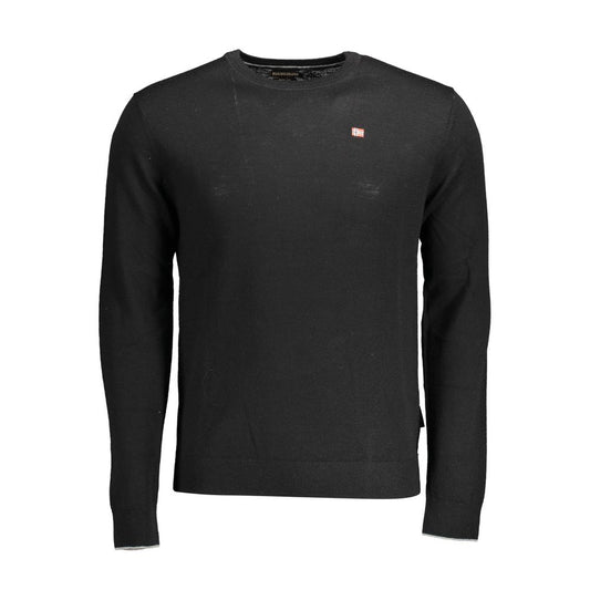 Napapijri Black Wool Men Sweater with logo embroidery, crew neck design, and long sleeves for elegant and comfortable style.