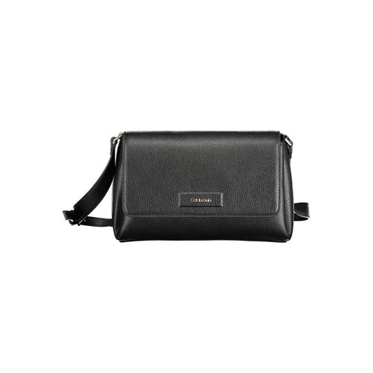 Calvin Klein black polyester women's handbag with adjustable strap and iconic logo.