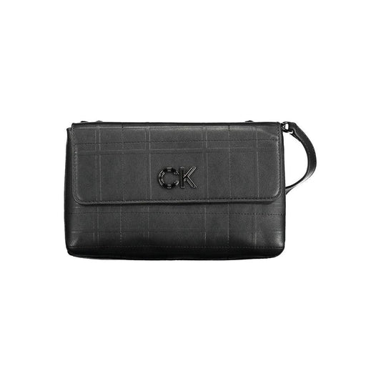 Calvin Klein black polyester handbag with adjustable strap and CK logo, featuring dual compartments for stylish versatility.
