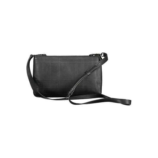 Calvin Klein black polyester women's handbag with adjustable strap, featuring dual compartments and inside pocket for organization.